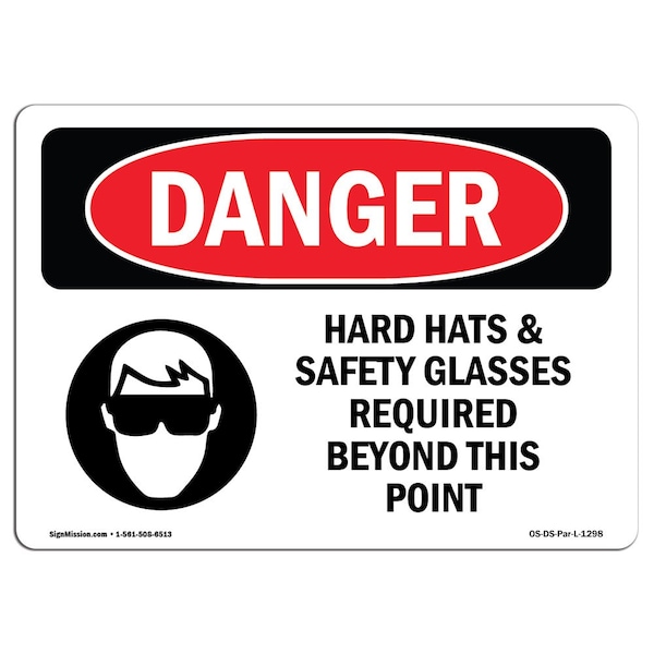 OSHA Sign, Hard Hats Glasses Required Beyond, 5in X 3.5in Decal, 10PK, 5" W, 3.5" H, Landscap, PK10